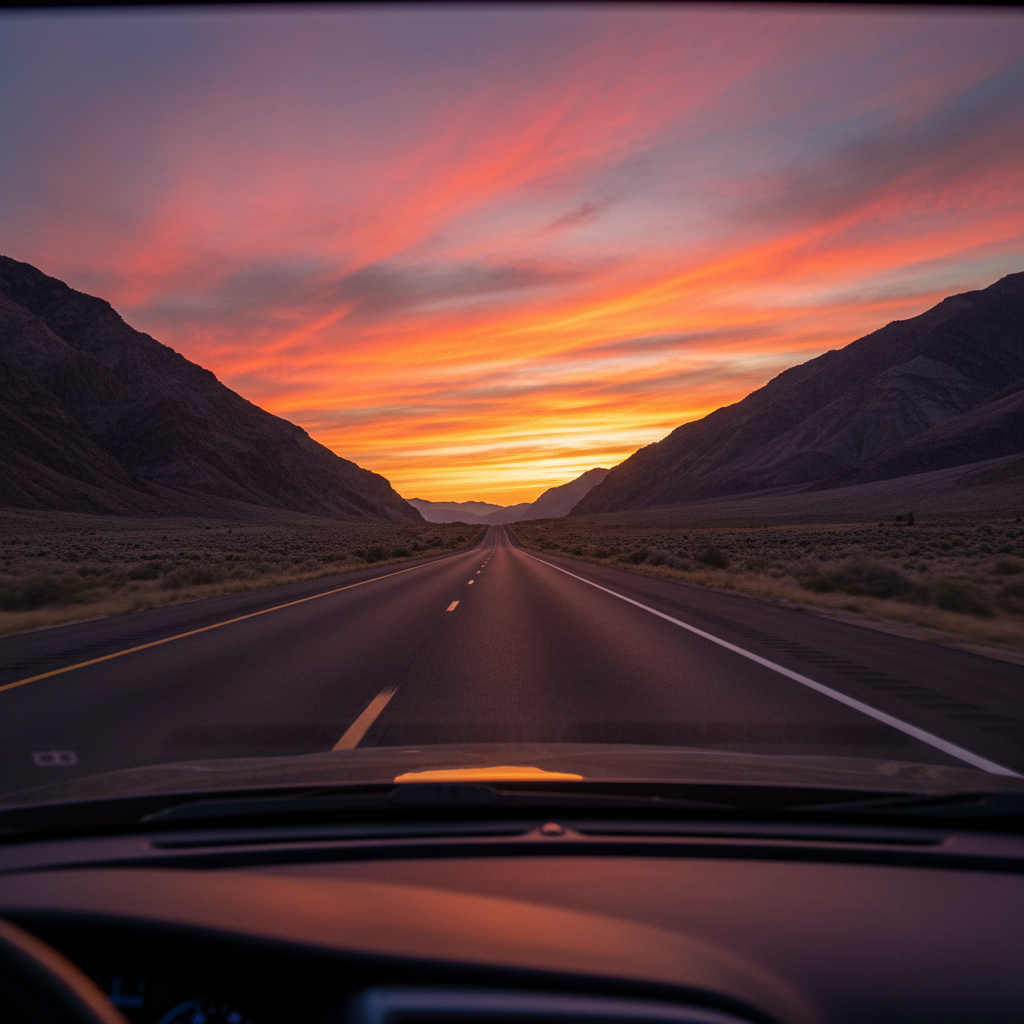 Epic scenic highway road trip with dramatic landscape and open road