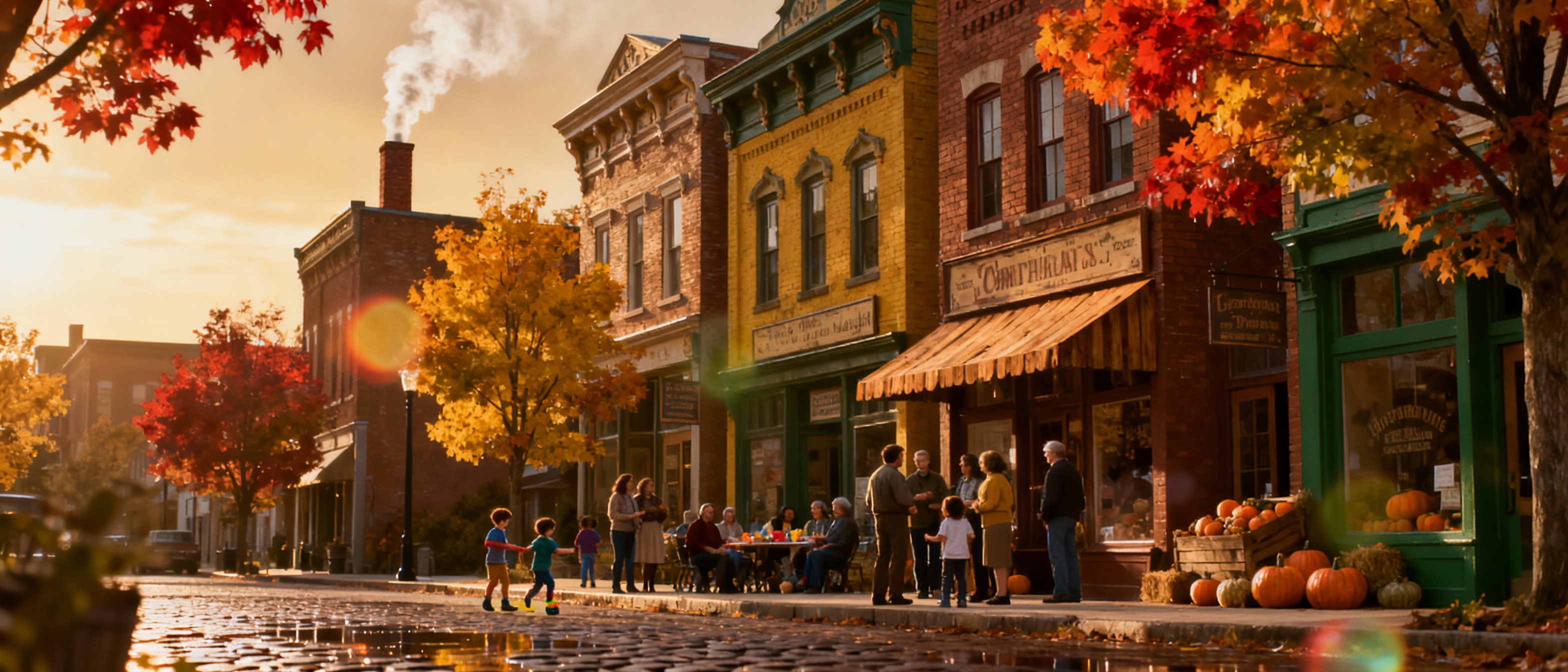 Charming small town main street with historic buildings and cozy atmosphere